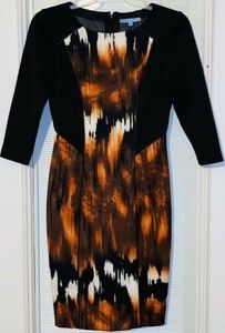 ANTONIO MELANI 3/4 SLEEVE SHEATH DRESS SZ 4 FIRE ORANGE BLACK Autumn Halloween